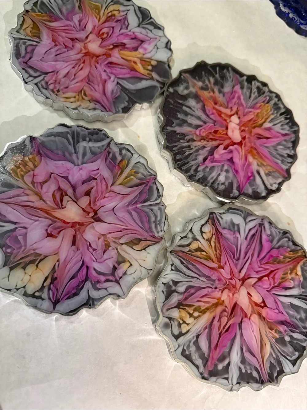 Hand-Poured Floral Resin Coasters - Pink & Gray